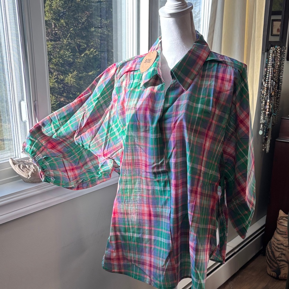 BiBi Green and Pink Plaid Blouse